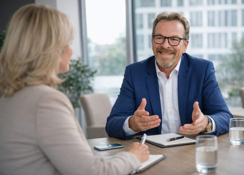 Eine Frau im hellbeigen Kostüm sitzt einem Mann im blauen Anzug gegenüber. Beide Personen befinden sich im aktiven u d freundlichen Dialog. Ein Symbolbild der BOLLMANN EXECUTIVES GmbH für den strukturierten Onboarding Prozess.