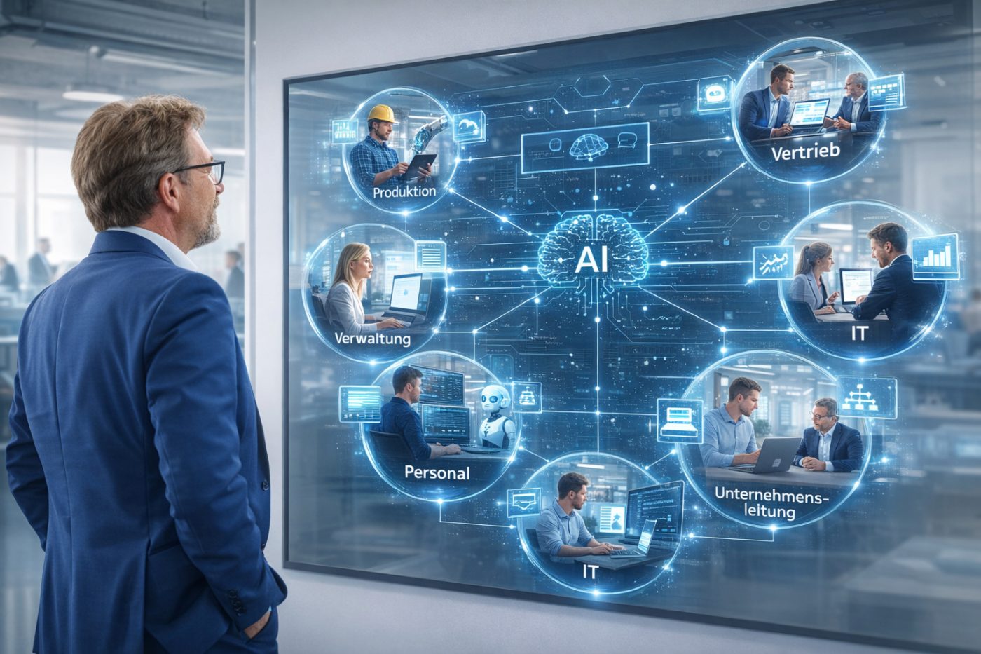 Eine Führungskraft betrachtet eine digitale KI-Übersicht mit Unternehmensbereichen wie Produktion, Vertrieb, IT, Personal, Verwaltung und Unternehmensleitung als Symbol für KI-Kompetenz, Upskilling und Führungsverantwortung im Mittelstand.