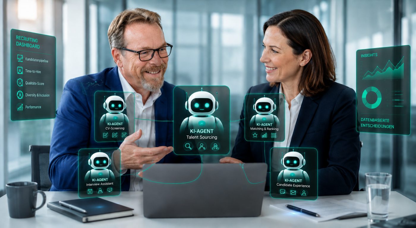 Visualisierung des Einsatzes von Künstlicher Intelligenz im Recruiting. Ein Personalberater und eine Recruiterin arbeiten mit mehreren KI-Agenten zusammen, die Talent Sourcing, CV-Screening, Kandidaten-Matching, Interviewvorbereitung und datenbasierte Recruiting-Analysen unterstützen. Das Bild verdeutlicht den Human-in-the-Loop-Ansatz, bei dem KI die Effizienz steigert, die finale Personalentscheidung jedoch weiterhin vom Menschen getroffen wird. Bildbearbeitung unter Mithilfe der KI