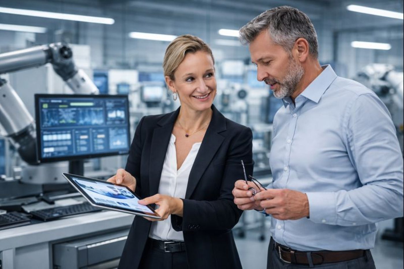 Zwei Führungskräfte in einer Smart Factory besprechen Produktionsdaten auf einem Tablet – Symbolbild für Industrie 4.0 Personalberatung und digitale Transformation in der Industrie