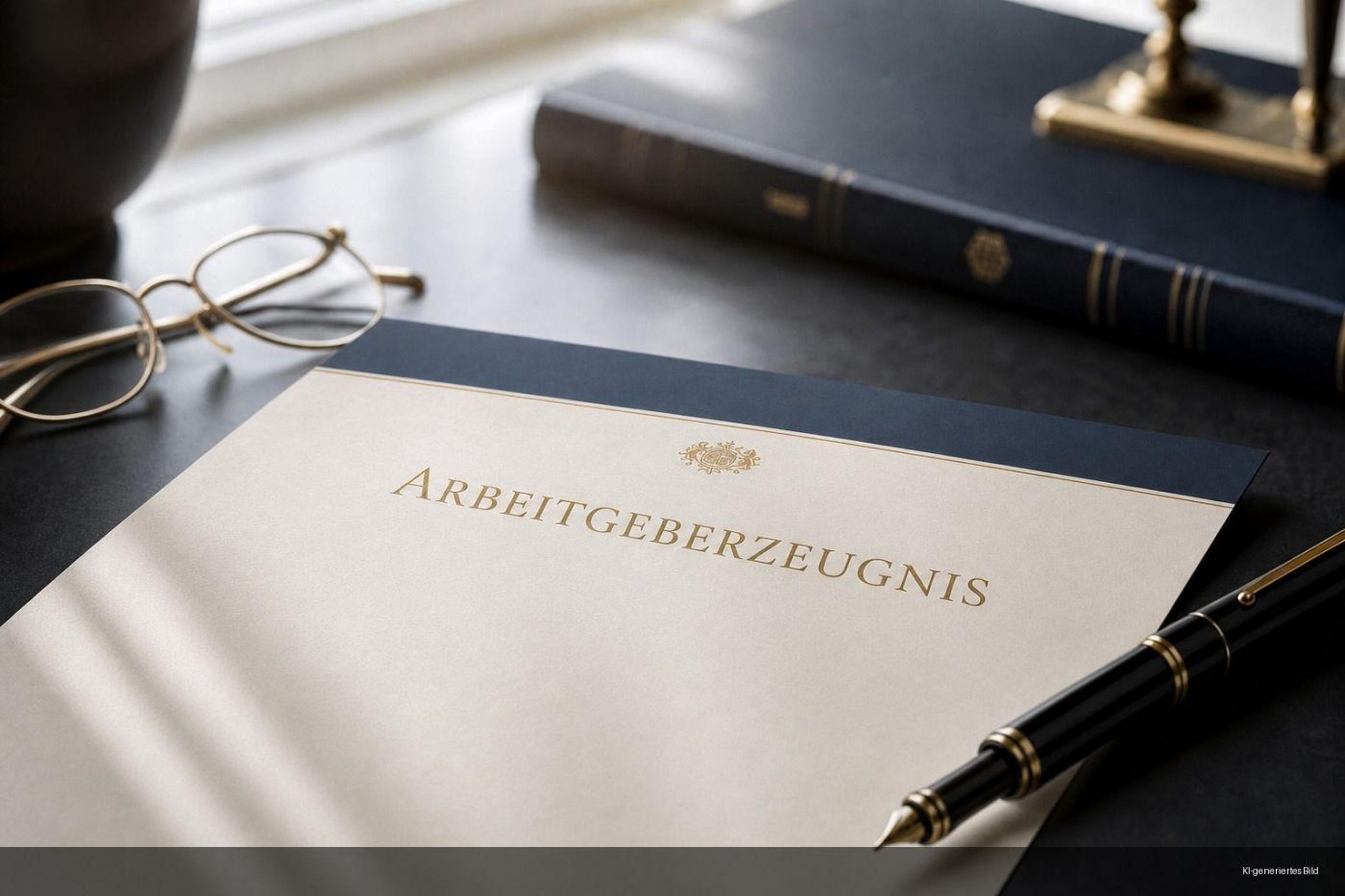 Ein Dokument mit dem Titel Arbeitszeugnis liegt auf einem Schreibtisch. Links liegt eine Brille, rechts ein Federhalter. Das Dokument steht als Symbol für Arbeitszeugnis richtig verstehen.