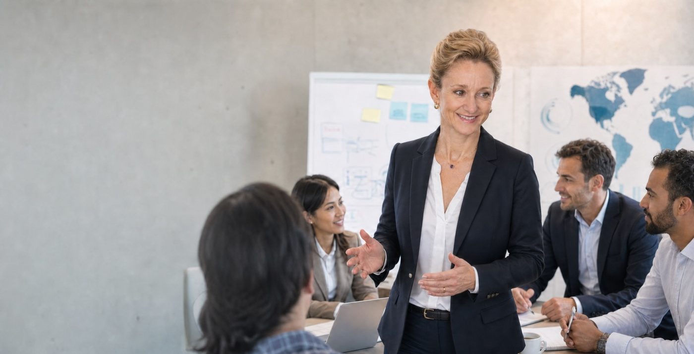 Trainerin moderiert Sales Training für ein internationales Sales Team mit Fokus auf Struktur, Kundenfokus und Vertriebserfolg im B2B-Vertrieb