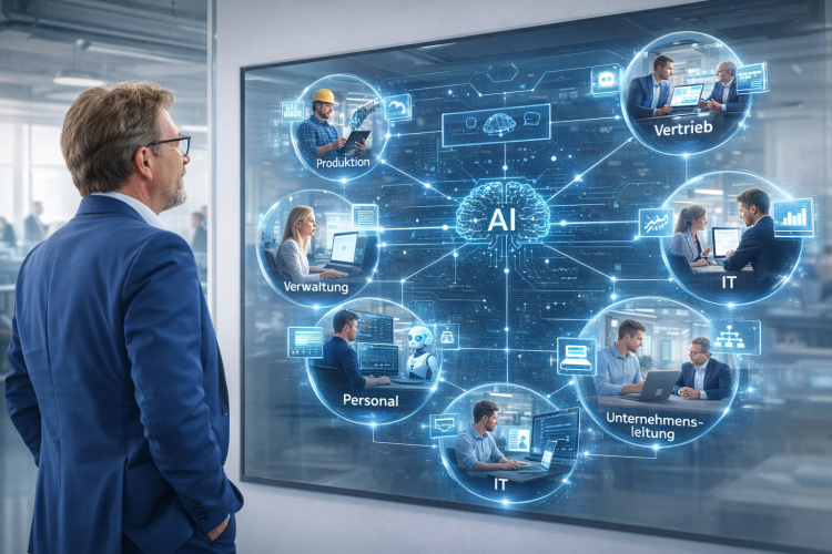 Eine Führungskraft betrachtet eine digitale KI-Übersicht mit Unternehmensbereichen wie Produktion, Vertrieb, IT, Personal, Verwaltung und Unternehmensleitung als Symbol für KI-Kompetenz, Upskilling und Führungsverantwortung im Mittelstand.