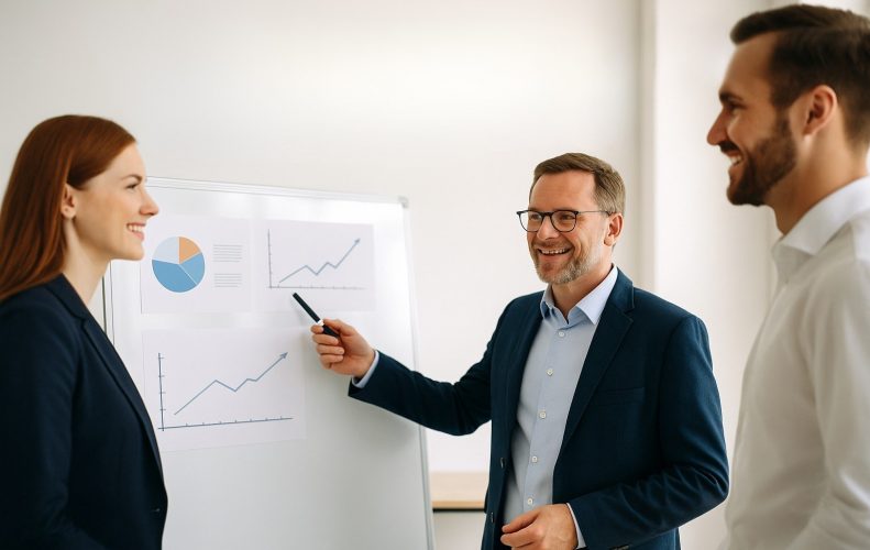 Eine Frau und zwei Männer mittleren Alters im geschäftlichen Kontext stehen vor einem Flipchart. Auf dem Flipchart sind Diagramme positiver Entwicklung zu sehen.